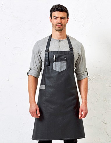 P-PR136-Division Waxed Look Denim Bib Apron With Faux Leather